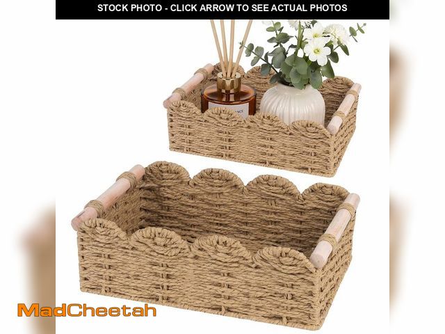Lot 74-14148747 - iEGrow Paper Rope Small Storage Baskets for Organizing, Set of 2 Scalloped Edge Wicker Basket with W...