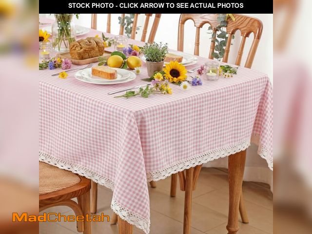 Lot 74-14062506 - Moukeren Pink and White Gingham Tablecloth with Lace Trim Vintage Plaid Tablecloth Checkered Table C...