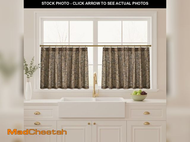 Lot 74-14153220 - StangH Pinch Pleat Cafe Curtains 36 Inch Long Floral Printed Half Window Treatment Linen Tier Curtai...