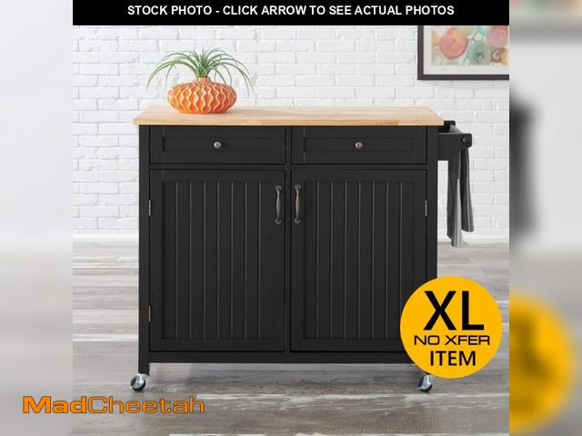 Lot 74-13287543 - StyleWell Bainport Black Wooden Rolling Kitchen Cart with Butcher Block Top and Double-Drawer Storag...