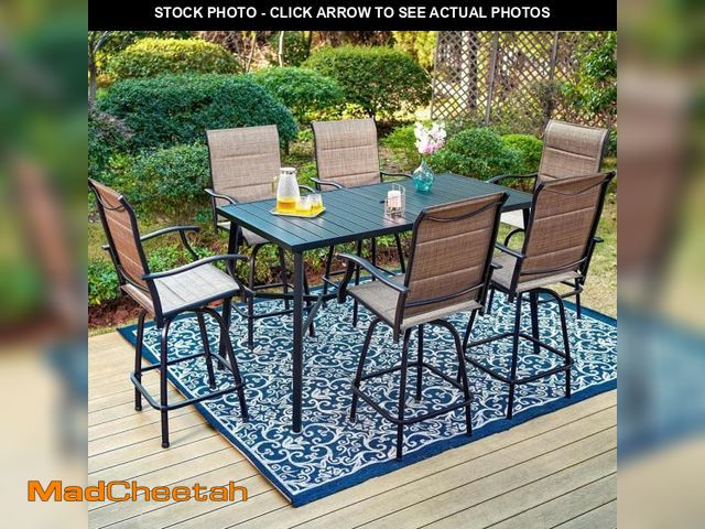 Lot 74-12172516 - Black 7-Piece Metal Rectangle Outdoor Patio Bar Set with Wood-Look Bar Table and Padded Swivel Bistr...