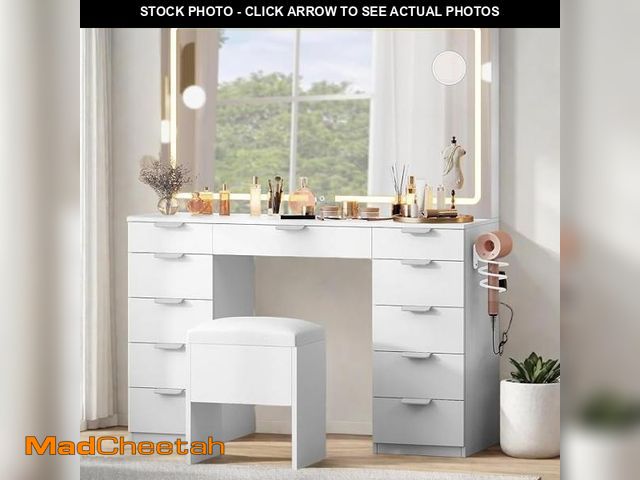 Lot 74-12348034 - (MISSING MIRROR) YITAHOME 46'' Vanity Desk with Large LED Lighted Mirror &amp; Charging Ports, 11-Dr...