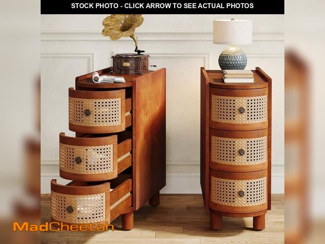 Lot 74-12534679 - BYBLIGHT Kerlin 10.62 in. Walnut and Oak U-Shaped Solid Wood End Table, Side Table with 3 Rattan Dra...