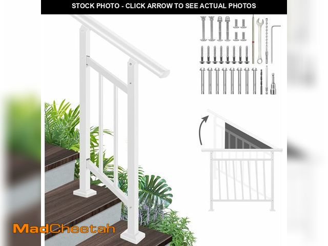Lot 74-13696221 - (MISSING HARDWARE) Adjustable Handrails for Outdoor Steps - White Metal Stair Railing with Installat...