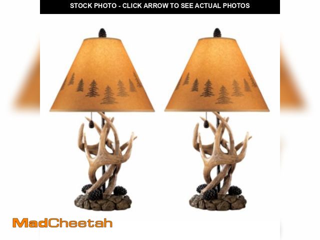 Lot 74-13802243 - Signature Design by Ashley Derek Rustic Cabin Antler Lamp Set, 2 Count, Paper Silhouette Shade, Pull...