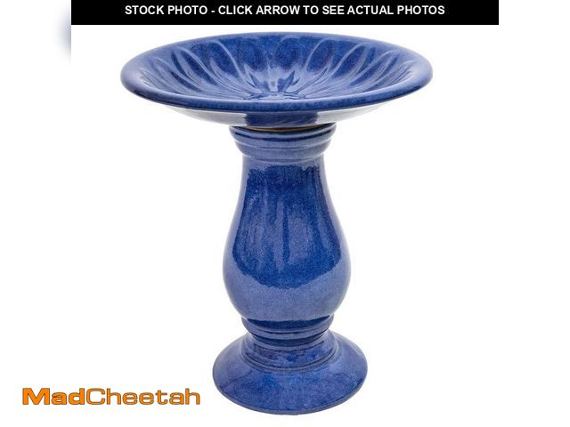 Lot 74-12746766 - Sunnydaze Daisy Embossed Bowl Ceramic Outdoor Bird Bath-Blue-21.5 in. H - UNUSED