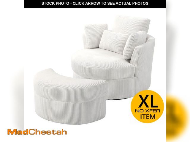 Lot 74-12804749 - Uixe Beige Corduroy Fabric Upholstered Swivel Accent Barrel Chair with Storage Ottoman and Pillows (...
