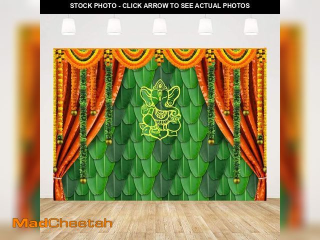 Lot 74-12121969 - Ticuenicoa 10x7ft India Pooja Traditional Photography Backdrop Banana Leaf Green Chatiya Ganesh Back...