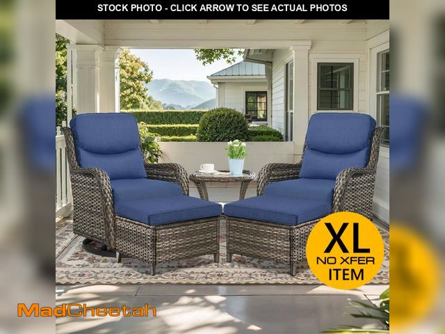 Lot 74-14115449 - Opohoro Crescent Gray 5-Piece Wicker Swivel Rocker Patio Conversation Set with 5 in. Thick Navy Blue...