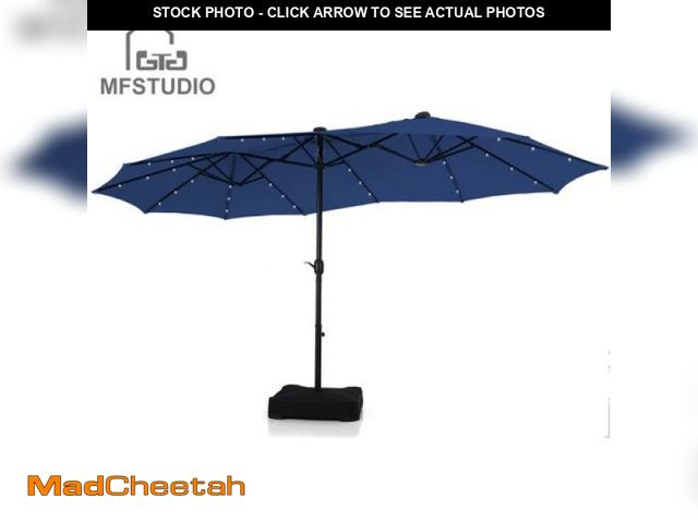 Lot 74-12155821 - Summit Living 15ft Double-Sided Solar Patio Umbrella with Base Large Outdoor Umbrella with 36 PCs LE...
