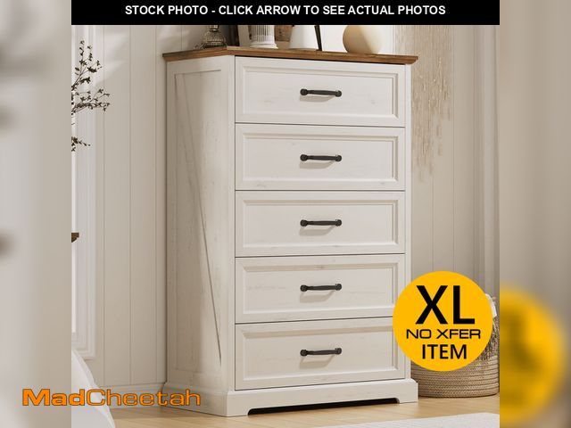 Lot 74-13608004 - Hommpa Farmhouse White 5 Drawers Tall Dresser for Bedroom, Wood Rustic Chest of Drawers Dresser for ...