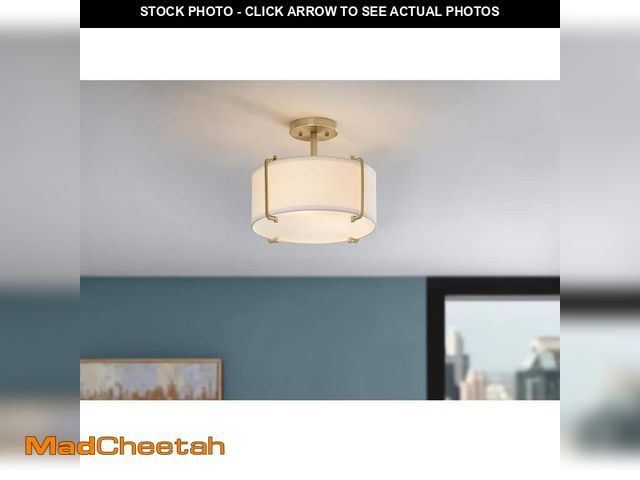 Lot 74-12893884 - Home Decorators Collection Brookley 14 in. 2-Light Brushed Gold Semi-Flush Mount with White Fabric S...