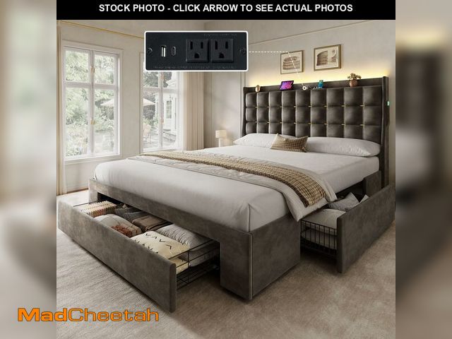 Lot 74-12784702 - YITAHOME Queen Size Bed Frame with 3 Storage Drawers and RGB LED Lights, Velvet Upholstered Bed with...