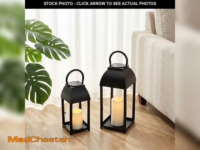 Lot 74-14210450 - Kittmip Set of 2 Black Solar Lanterns Outdoor Metal Decorative Lanterns with 2 Candles, Large Farmho...
