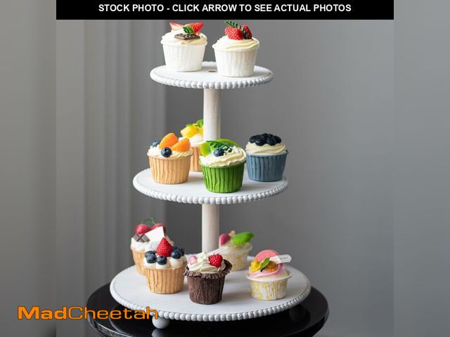 Lot 74-12968559 - 3-Tiered Cupcake Stand, White Wooden Beaded Cupcake Tower for Home Decoration, Farmhouse Cake Stand ...