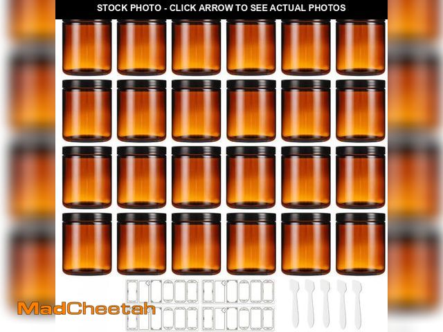 Lot 74-12110287 - 24 Pack 8 oz Amber Glass Jars with lids, Cosmetic Jars with Inner Liners and Black Lids, Lotion Jars...