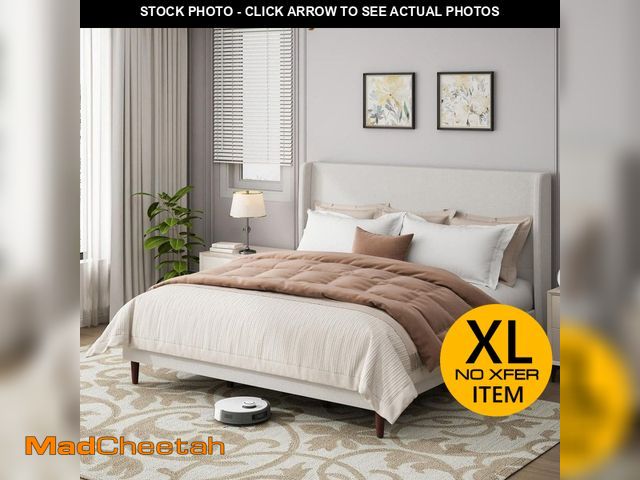 Lot 74-14115442 - Noble House Tranlis Ivory White Wood Frame King Size Upholstered Chenille Platform Bed with High Hea...