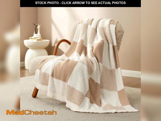 Lot 74-12331813 - Snuggle Sac Checkered Blanket, Beige Throw Blanket for Couch Plaid Microfiber Fluffy Warm Cozy Fuzzy...