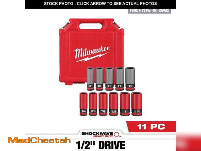 Lot 74-14344275 - Milwaukee SHOCKWAVE Impact-Duty 1/2 in. Drive Deep SAE &amp; Metric Lug Nut Impact Socket Set (11-Pi...