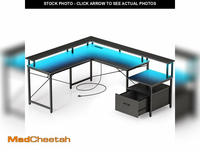 Lot 74-12569982 - Rolanstar L Shaped Gaming Desk with Drawers, 64" Reversible Computer Desk with Power Outlet &amp; LE...