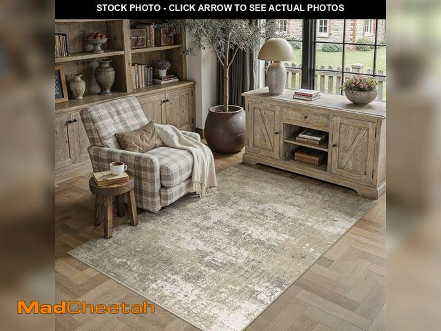 Lot 74-14067534 - PureCozy Beige Area Rug 4x6 Machine Washable Modern Abstract Office Carpet Neutral Non Slip Indoor E...