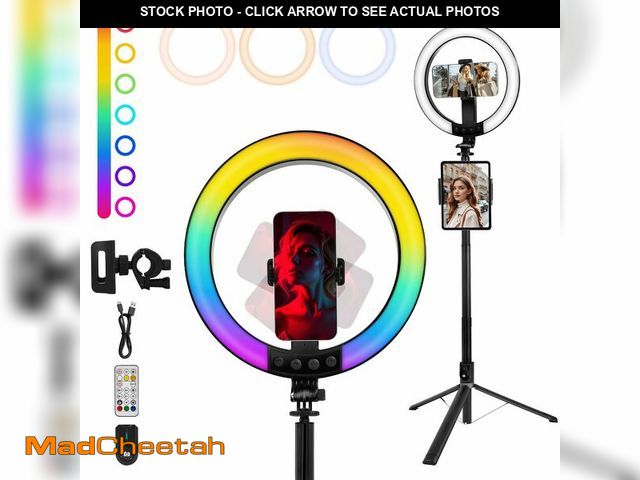 Lot 74-12712744 - Heliora 13" Selfie Ring Light with 74" Tripod Stand, RGB Full Color Modes Selfie Light with Extendab...