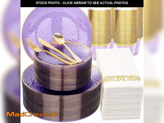 Lot 74-12312430 - Rubtlamp 350 Pcs Clear Purple Plastic Plates, Gold Plastic Dinnerware Set (50 Guests), Purple Dispos...