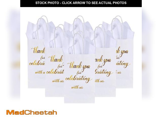 Lot 74-12435149 - DjinnGlory 50 Pack Small White &amp; Gold Foil Thank You Paper Gift Bags with Tissue Paper for Weddi...