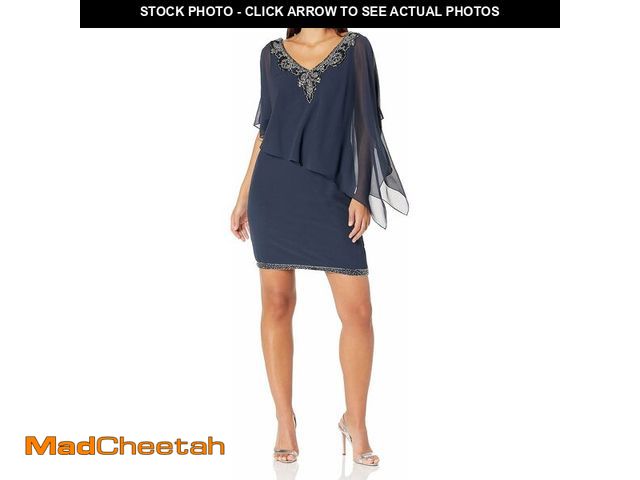 Lot 74-13213038 - J Kara Women's V Neck Capelet Short Cocktail Floral Beaded Dress, Navy Multi, 10 - UNUSED