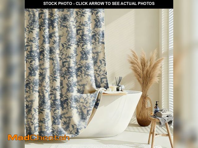 Lot 74-14145361 - Blgiont Farmhouse Blue Floral Shower Curtain with 12 Clear Rings, Fabric Faux Linen Shower Curtain S...