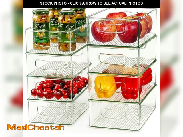 Lot 74-13950721 - Hudgan Clear Storage Bins 8 Packs for Refrigerator, 4 Large Stackable Pantry Organizer Bins and 4 Me...
