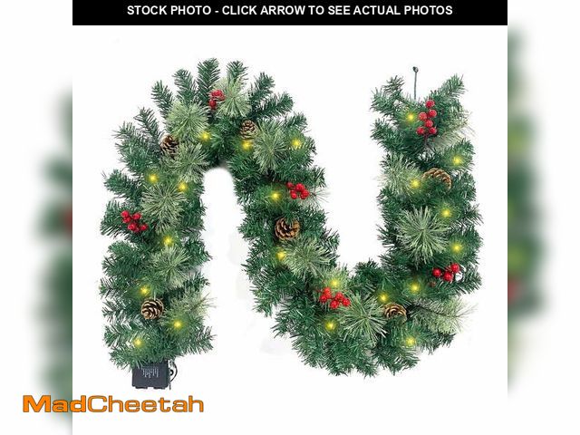 Lot 74-13044873 - Christmas Garland Pre-Lit Artificial Green with Pine Cones Berry Clusters 40 Lights 6ft for Winter C...