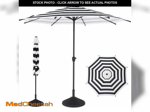 Lot 74-14307323 - Abba Patio 9ft Outdoor Patio Umbrella w/ Push Button Tilt and Crank, 8 Ribs, Black &amp; White Strip...