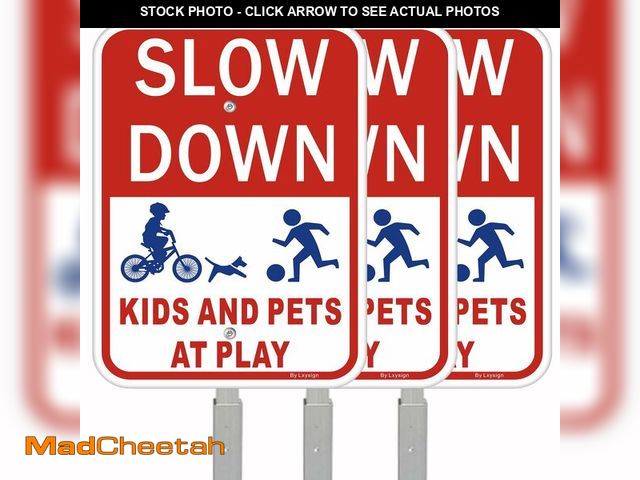 Lot 74-14471679 - (3Pack) Slow Down Signs for Street with Stake 36" Tall, Kids Playing Sign for Street 14" x 10" Refle...