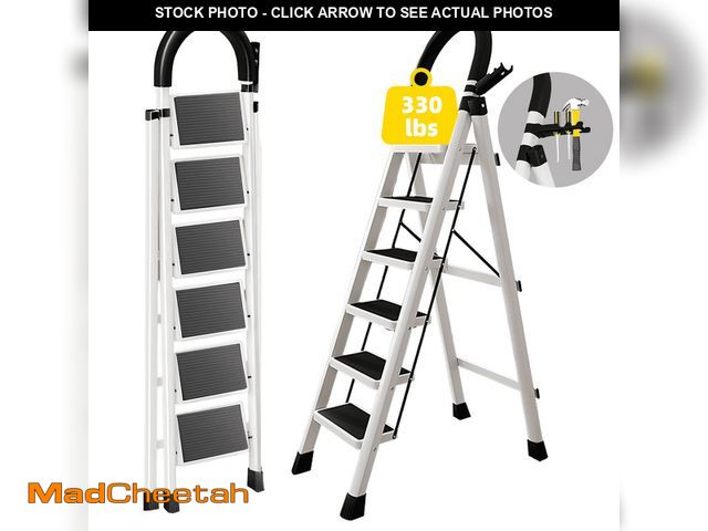 Lot 74-12667935 - stusgo 6 Step Ladder Folding Step Stool with Tool Holder for Easy Use-White - UNUSED