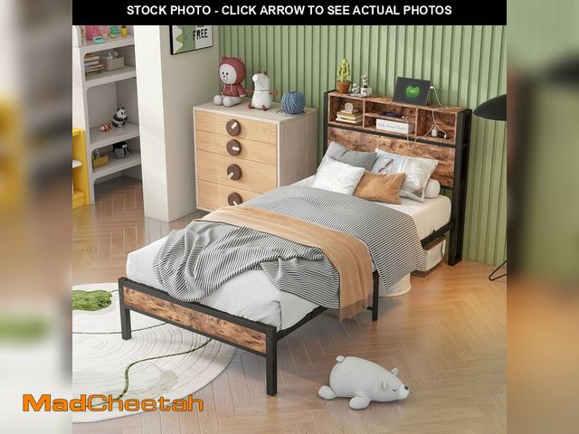 Lot 74-13073363 - Twin Size Bed Frame with Storage Headboard, Metal Platform Bed with Charging Station, Bookcase Stora...