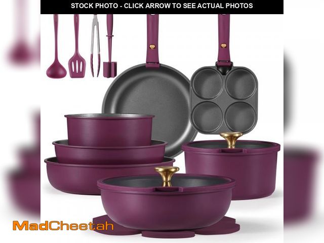 Lot 74-12304671 - CAROTE 21pcs Pots and Pans Set, Nonstick Cookware Set Detachable Handle, Induction Kitchen Cookware ...