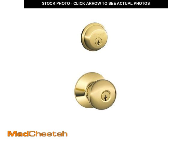 Lot 74-12777292 - Schlage Plymouth Bright Brass Double Cylinder Deadbolt and Keyed Entry Door Knob Combo Pack - UNUSED