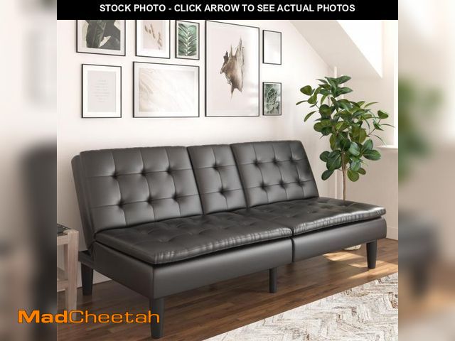 Lot 74-12406635 - Mainstays Memory Foam 71.5" Futon with Cupholder and USB, Black Faux Leather - USED