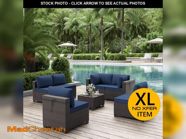 Lot 74-13821961 - Halmuz 7-Piece Wicker Outdoor Patio Furniture Sectional Set with Navy Blue Cushions and Coffee Table...