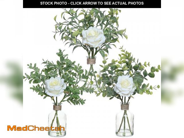 Lot 74-12110381 - 3 Pack Mini Fake Plants and Artificial Flowers with Faux Water in Vase,Silk Roses and Eucalyptus wit...