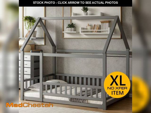 Lot 74-12787105 - PVWIIK Full Size Montessori Floor Bed with Roof &amp; Fence Guardrails for Boys Girls Bedroom,Full S...