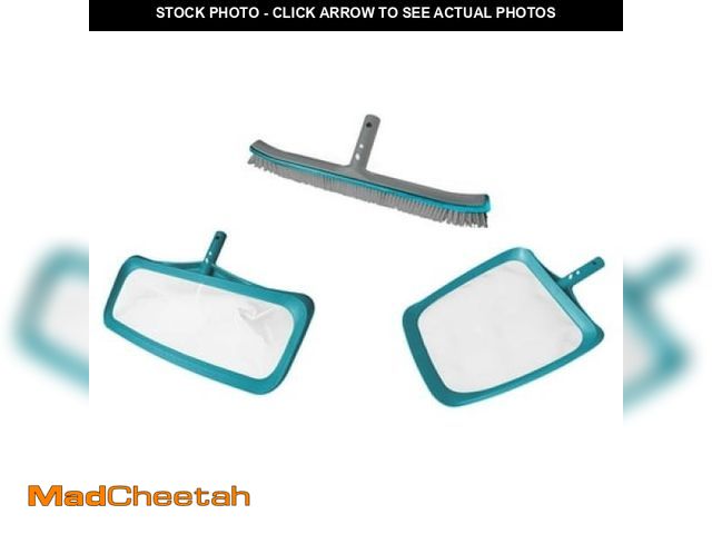 Lot 74-12422152 - Mainstays 3PC Maintenance Pool Kit Include Brush with Aluminum Back  Skimmer and Rake - UNUSED