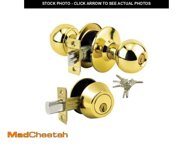 Lot 74-12676043 - Premier Lock Brass Grade 3 Combo Lock Set with Entry Door Knob and Deadbolt, 6 SC1 Keys - UNUSED