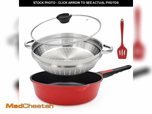 Lot 74-13567061 - Bobikuke 12-Inch Non Stick Deep Frying Pan Skillet with Steamer, 5 QT Nonstick Saute Pan with Lid &a...