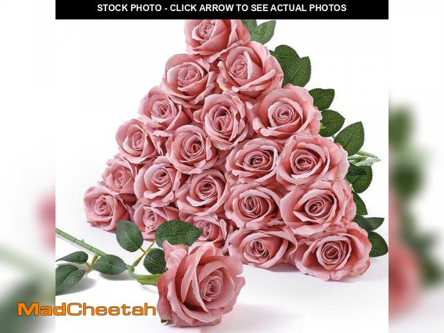 Lot 74-12220567 - Serwalin 20PCS Artificial Roses, 4'' Big Flower Head, Dusty Pink Velvet Long Stem Roses, Silk Fake R...