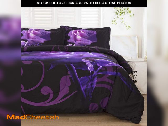 Lot 74-11559034 - WONGS BEDDING Purple Comforter Set King Reversible Purple Rose Pattern Bedding Comforter with 2 Pill...