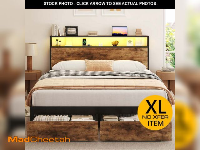 Lot 74-14608504 - Lifezone Queen Bed Frame with 2-Tier Storage Headboard, Metal Bed Frame with Storage Drawers &amp; B...