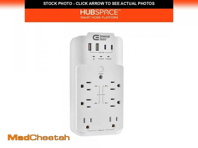 Lot 74-12511364 - Commercial Electric 6-Outlet Smart Surge Protector with 4-USB Ports, White, Powered by Hubspace - US...