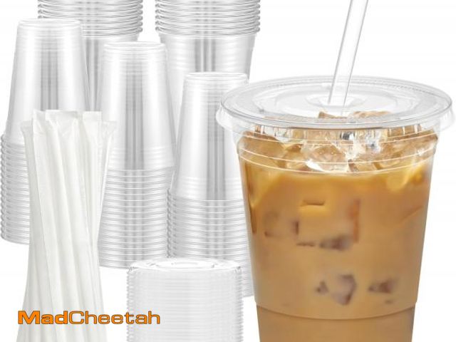 Lot 74-12325354 - Dealusy 100 Pack - 16 oz Clear Plastic Cups with Lids and Straws, Sturdy &amp; Food Safe Iced Coffee...